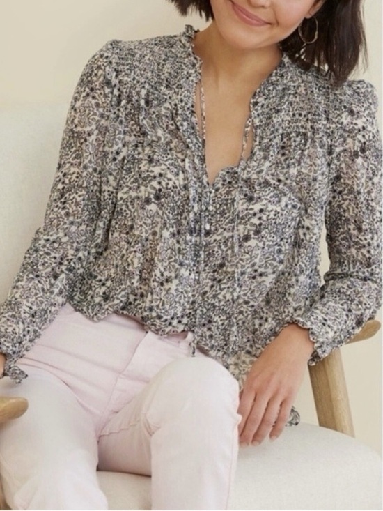 Free People Tops - Free People Lela Large Long Sleeve Floral Sheer Smocked Blue Purple Top